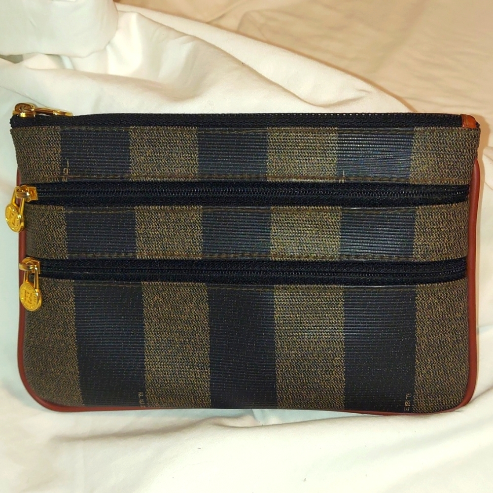 FENDI Vintage Pequin 3 Compartment zip pouch coated canvas leather lined.  Vgvc